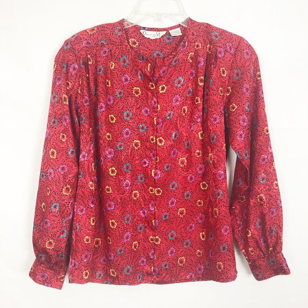 Oscar de la Renta Floral Red Long Sleeve Top Size 4